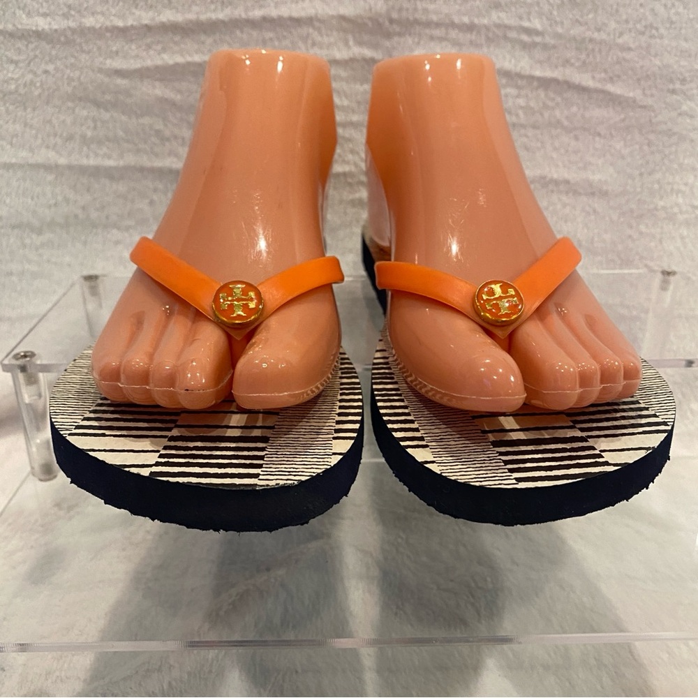 Tory Burch Thin Flat Thong Flip-Flops Flip Flops Sandals Orange Navy Size 8M EUC - Picture 3 of 11